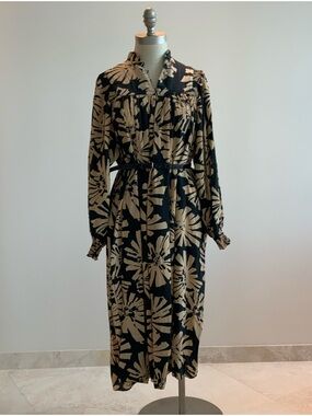 Vtg Adrianna Papell Black /Tan Floral Long-Sleeve Midi Silk Dress sz 8